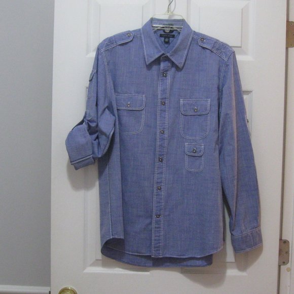 Tommy Hilfiger Blue Chambray Roll Tab Sleeve Casual Shirt - Picture 13 of 13
